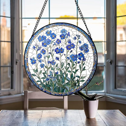 Forget Me Not Flower Suncatcher Stained Glass Window Hanging - 8″ Handmade Blue Flowers Suncatchers for Windows Hanging-Sun Catchers Wall Decor Home Garden Decorations Gift for Women Mom Plant Lovers