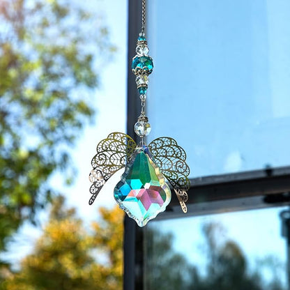 HDCRYSTALGIFTS 14'' Crystal Guardian Angel Suncatcher Rainbow Crystal Prisms Sun Catcher for Home Window Garden Hanging Decor Glass Angel Ornaments for Christmas Tree
