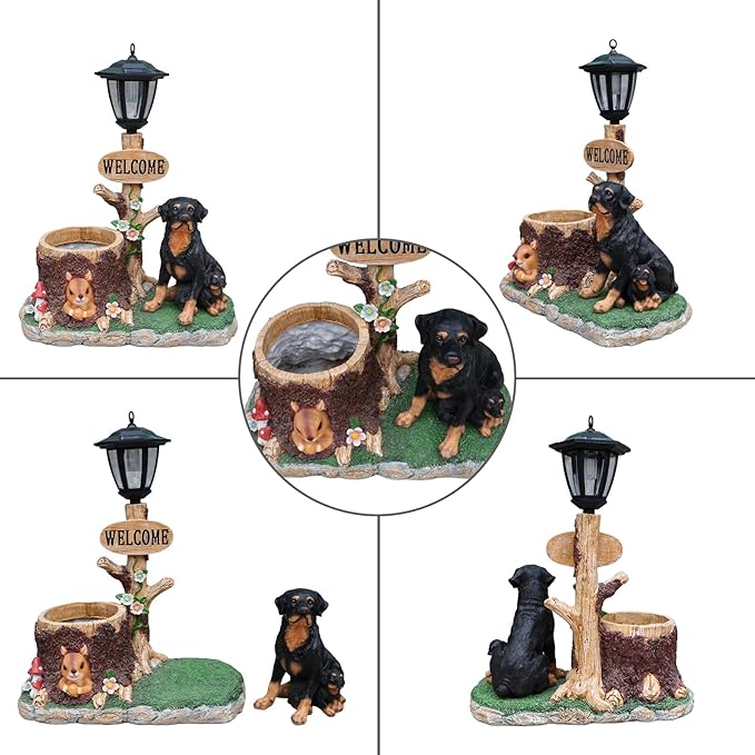 Solar Garden Statue with Planter & Solar Lantern, Outdoor Resin Animal Sculpture, Waterproof Yard Lawn Decor Pot for Succulents, Front Porch Ornament Housewarming Gift (Mother and Son Rottweilers)