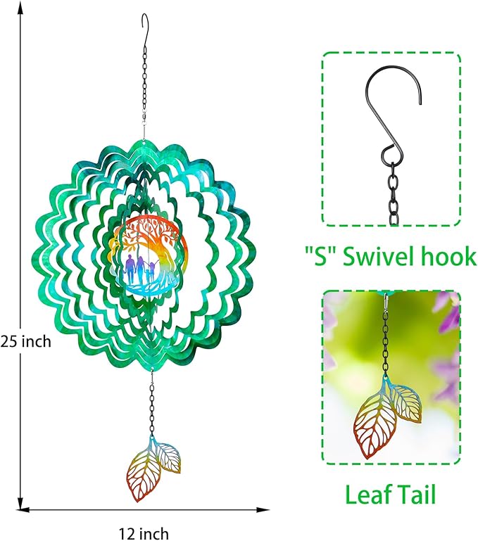 MUMTOP Tree of Life Wind Spinners Hanging, 12 Inch 3D Stainless Steel Metal Wind Spinner with Tail Gifts for Indoor Outdoor Yard and Garden