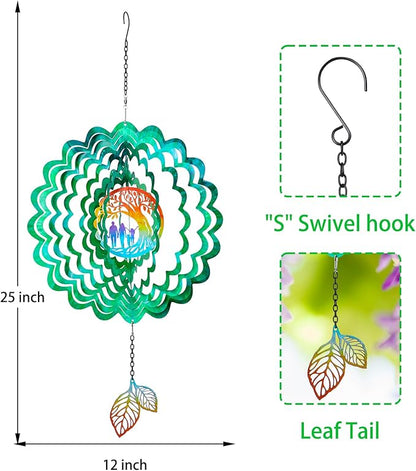MUMTOP Tree of Life Wind Spinners Hanging, 12 Inch 3D Stainless Steel Metal Wind Spinner with Tail Gifts for Indoor Outdoor Yard and Garden