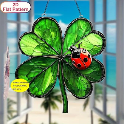 St. Patrick's Day Suncatcher Green Window Hanging with Shamrock Beetle desigsn Cute Stained Glass Suncatchers Full Cover Ireland Windows Decorations ndoor Outdoor for Home Garden Gift for Women Friend