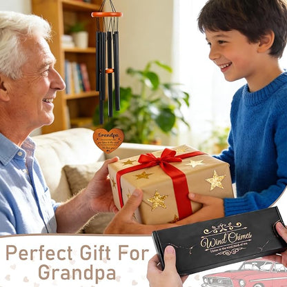 Grandpa Gifts Wind Chimes for Outside - Metal Windchime with Wooden Pendant, Greeting Card & Black Box - Unique Memorial Birthday Gift for Grandfather from Grandkids, Garden Hanging Decor