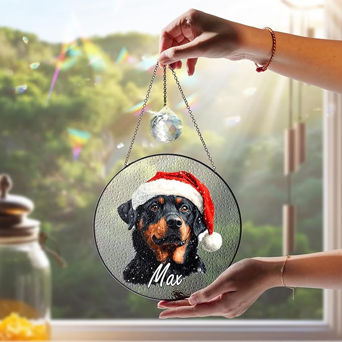 Personalized Pet Portrait Stained Glass Window Hanging, Christmas Dog Santa Hat Suncatcher Photo, Winter Cat Portrait Crystal Decor, Memorial Gift for Dog Lovers, Sympathy Gift for Cat Mom
