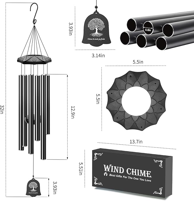 Wind Chimes for Outside - 6 Tubes 32" Wind Chimes for Loss of Loved One, Retirement & Outdoor Patio Yard Decoration, Retired Gift for Mom Women Grandma Neighbors Garden Décor Black