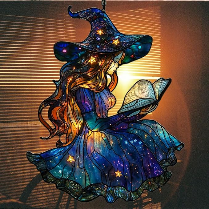 Cute Wizard Reading Books Acrylic Suncatcher Stained Glass Effect Window Car Hanging Christmas Ornament Indoor Outdoor Decor Garden Sun Catcher Panel for Book Lover for Women Mom Grandma