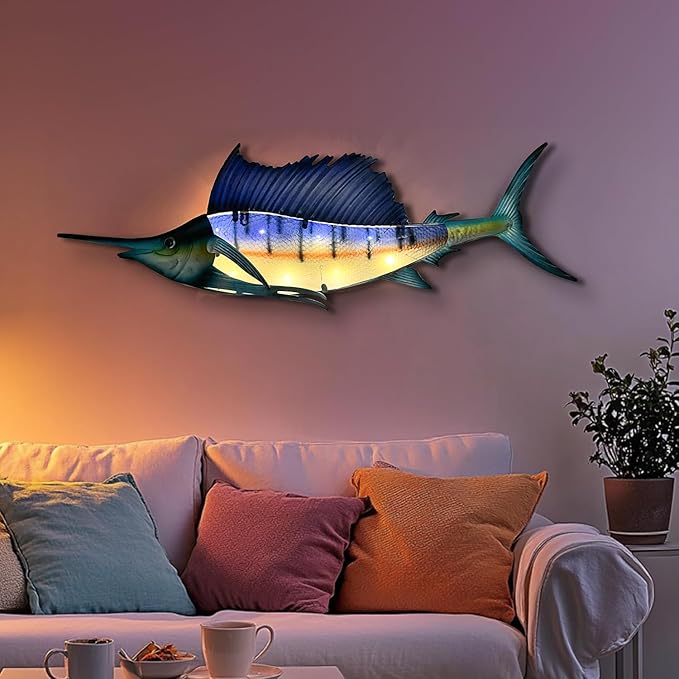 LIFFY Metal Fish Wall Art,36" Large Sailfish Wall Decor with Led Lights,Indoor Outdoor Mounted Tropical Swordfish Hanging Decorations for Home Living Room Bedroom Garden Patio