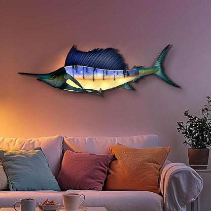 LIFFY Metal Fish Wall Art,36" Large Sailfish Wall Decor with Led Lights,Indoor Outdoor Mounted Tropical Swordfish Hanging Decorations for Home Living Room Bedroom Garden Patio