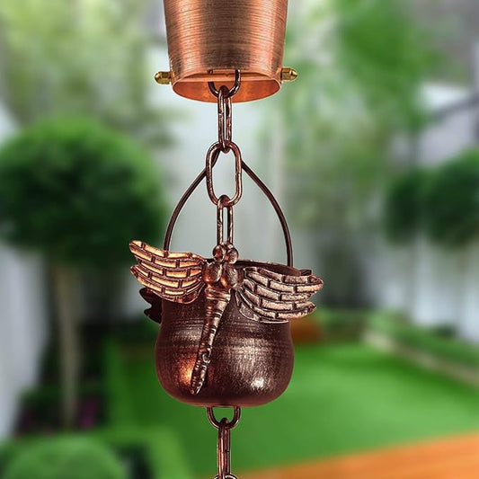 CT DISCOUNT STORE Decorate Your Home with Variety Rain Chain - Solid Metal Hand Craft Garden Decoration (Dragonfly Rain Chain; Brown)