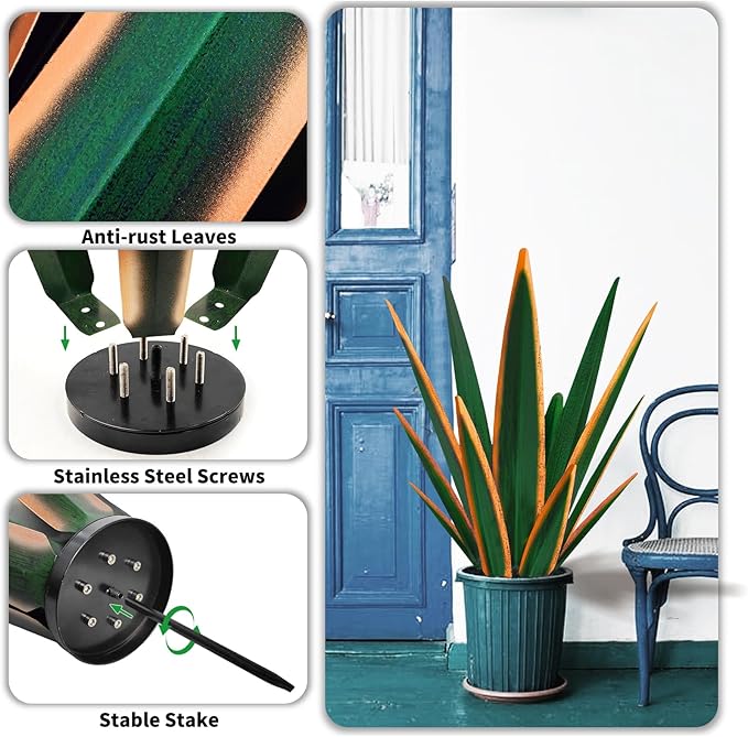 KODIBO Large Tequila Rustic Sculpture, Rustic Metal Plants for Outdoor Patio Yard, Home Decor Hand Painted Agave Garden Statue, Outdoor Lawn Ornaments Yard Stakes (Dark Green - L)