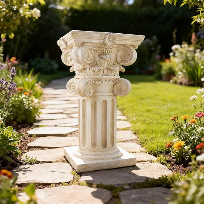 English Rosette Indoor Outdoor Sculptural Garden Plinth Base Statue Riser, Weatherproof Sturdiness Plinth Base Statue Riser for Statues, Flower Pots, Decor, Cast Stone Resin, Antique Stone Finish (F)