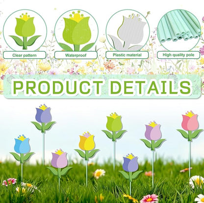 Cinrobiye 12Pcs Spring Floral Flower Planter Stakes Tulip Daisy Pot Signs 5.9Inches Colorful Floral Garden Stake Outdoor Lawn for Spring Party Patio Yard Outside Greetings Home Farmhouse Decor