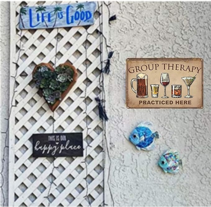 Bar Wall Decor Beer Signs Metal Tin Sign For Patio Backyard And Pool，Group Therapy Practiced Here Funny Personalized Vintage Signs For Home Decor Art Accessories Decorations Outdoor 8x12 Inch