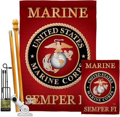 Breeze Decor FK108057-BO Marine Corps Americana Military Decorative Vertical Flags Kit, House & Garden Set w/Flagpole, Multi-Color