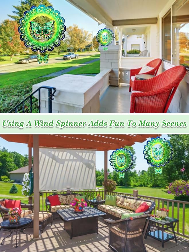 Butterfly Wind Spinners Outdoor Garden Decor for Outside - 12 Inch 3D Stainless Steel Metal Wind Spinners - Butterfly Gardening Gifts for Women, Yard Decorations Outdoor Hanging Decor
