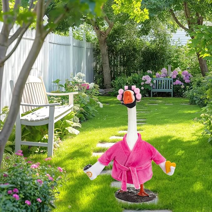 Porch Goose Outfit Fall Costume for 23'' Cement Goose Statue Winter Porch Goose Clothes Mamma Robe Self Care Outfit with Bathrobe Coffee Curlers for Outdoor Garden Yard Lawn Patio Decoration(Rose Red)
