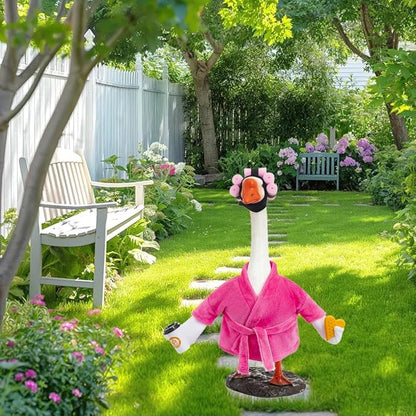Porch Goose Outfit Fall Costume for 23'' Cement Goose Statue Winter Porch Goose Clothes Mamma Robe Self Care Outfit with Bathrobe Coffee Curlers for Outdoor Garden Yard Lawn Patio Decoration(Rose Red)