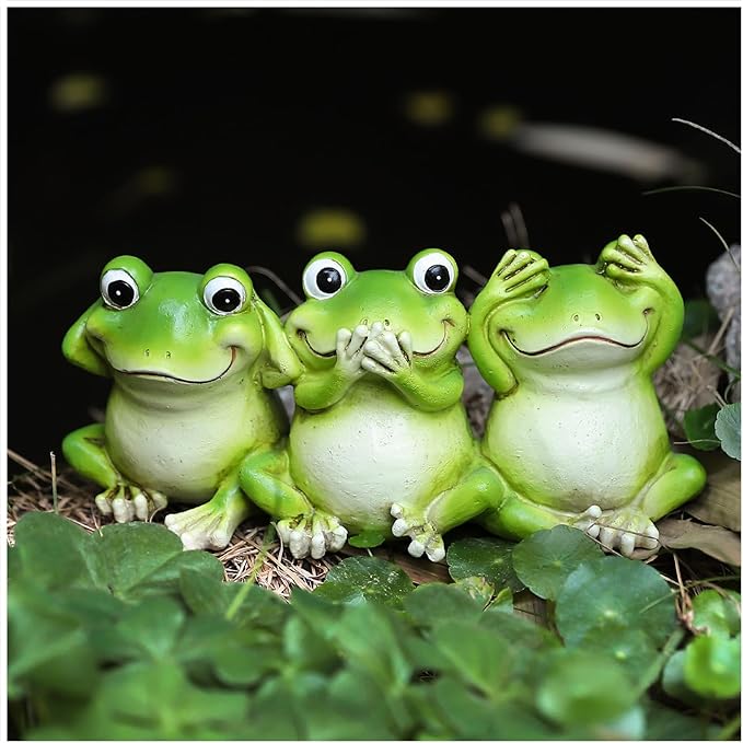3 Frog Figurines - 7.9 Inch Funny Resin Frogs, Hear No Evil See No Evil Speak No Evil Statue, Whimsical Indoor/Outdoor Decor for Garden, Desk & Yard