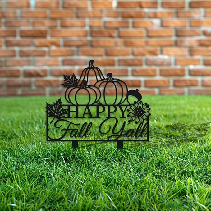 WADORN Fall Pumpkin Metal Decorative Garden Stakes, Funny Happy Fall Y'all Metal Outdoor Statues Funny Maple Leaves Black Silhouette Ornament Gifts for Thanksgiving Party Autumn Harvest Lawn Walkway