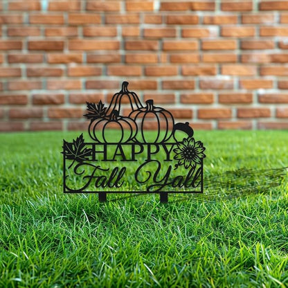WADORN Fall Pumpkin Metal Decorative Garden Stakes, Funny Happy Fall Y'all Metal Outdoor Statues Funny Maple Leaves Black Silhouette Ornament Gifts for Thanksgiving Party Autumn Harvest Lawn Walkway