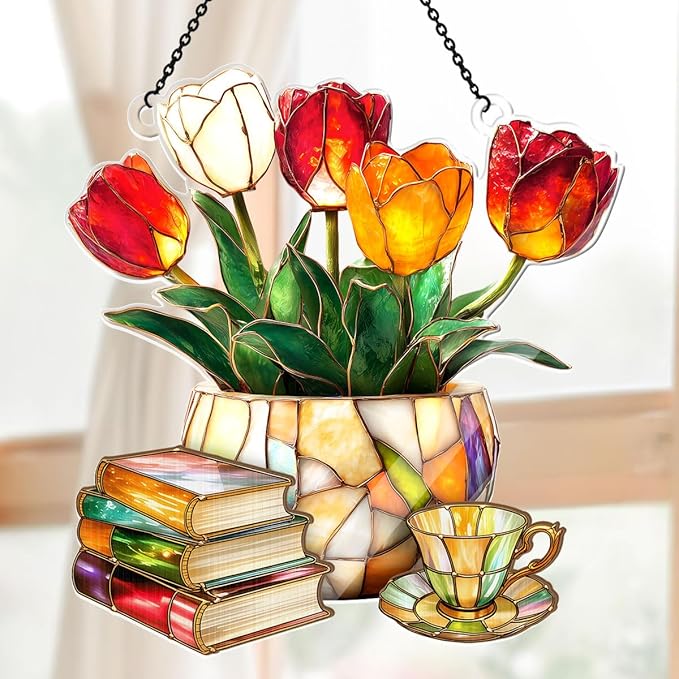 Jesuspirit - Window Hanging Suncatcher – Crystal Clear Acrylic & Wood Sun Catcher for Home Decor, for Women (Nostalgic Tulips, Books, and Tea -, 6 Inches)