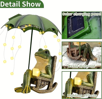 Solar Frog Garden Decor, Waterproof Resin Sitting Frog Statue with Umbrella & LED String Lights, Outdoor Fairy Garden Figurine for Patio Yard Lawn Ornament, Housewarming Gift for Women Mom
