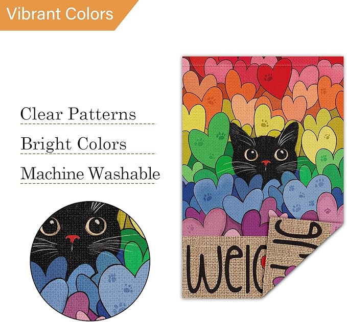 Louise Maelys Pride Garden Flag Rainbow Black Cat 12x18 Inch Double Sided Small Burlap Love Heart Gay Lesbian LGBTQ Yard Outdoor Sign Outside Home House Decor