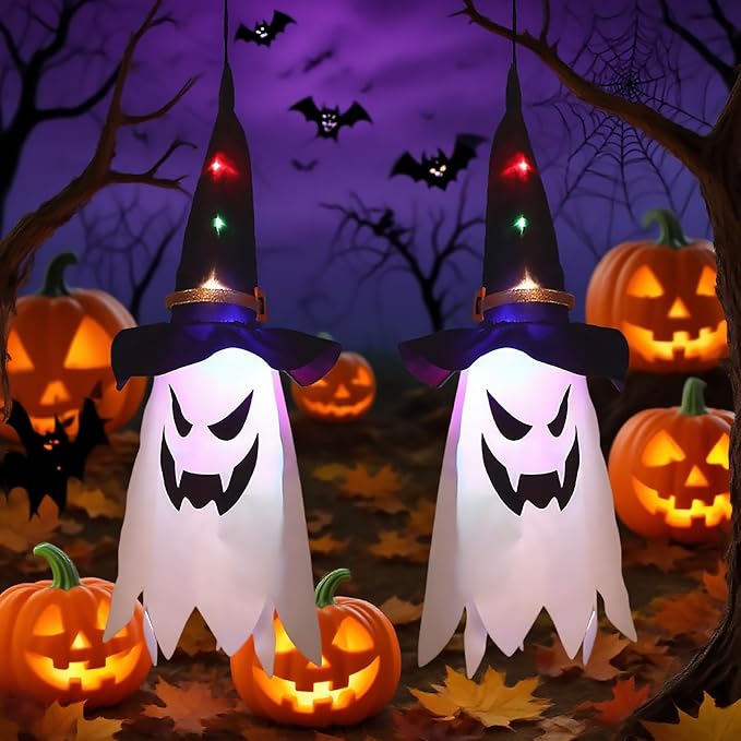 Glowing Ghost Witch Hat Halloween Decorations, Hanging String Lights with 3Modes, Easter Outdoor/Indoor Scary Decor, Double-Sided Ghost Face Ornaments for Tree, Yard, Haunted Trails, Party, 2 Pcs