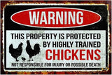 Funny Chicken Sign, Metal Chicken Coop Tin Signs, This property is protected by chickens, Yard Sign Garage Farm Garden Wall Decor Sign Plaque Outdoor for Home Fence 8 X 12 Inches