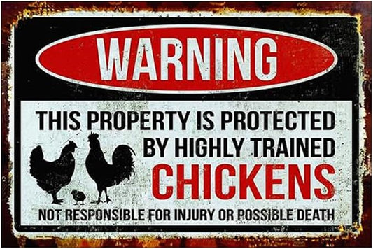 Funny Chicken Sign, Metal Chicken Coop Tin Signs, This property is protected by chickens, Yard Sign Garage Farm Garden Wall Decor Sign Plaque Outdoor for Home Fence 8 X 12 Inches