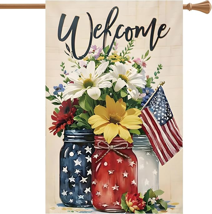 4th of July Mason Jar Flowers Summer Garden Flag 28x40, Patriotic Celebration Double-Sided Decorative Burlap Yard Flag for Memorial Day Independence Day Outside Decoration Holiday Festivities