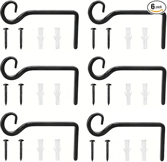 Metal Outdoor Hanging Brackets, 6 Pack 6 Inch-Ideal as Plant Hooks for Wall Use, Versatile for Hanging Bird Feeders, Lanterns, Wind Chimes. Includes Mounting Hardware, Durable Metal for Outdoor Decor.