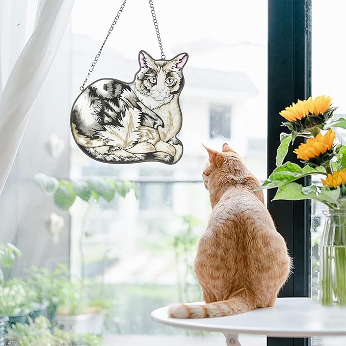 Cat Stained Glass Window Hangings Panel Sun Catcher Wall Art Home Garden Indoor Farmhouse Decor Gifts Pet Loss Memorial Kitty Lover