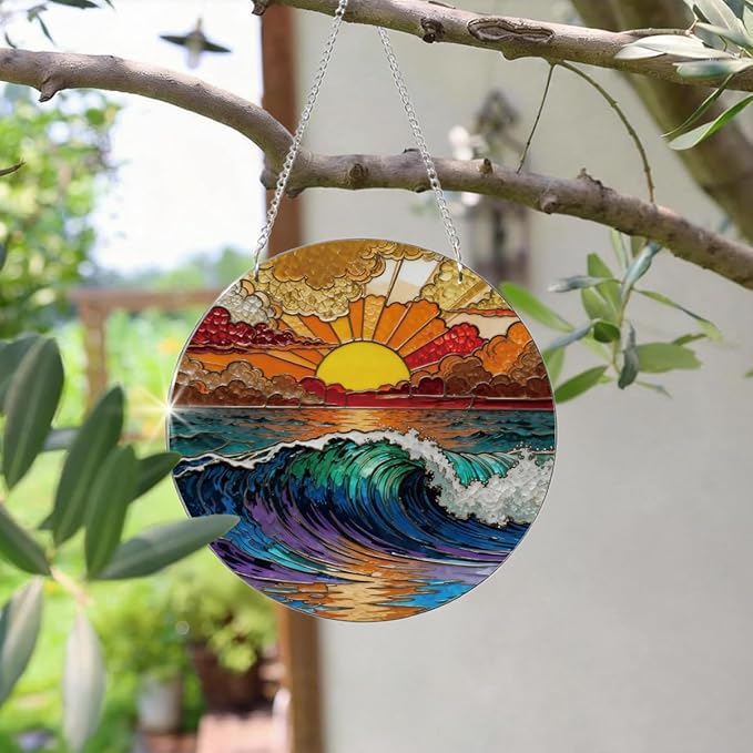 Ocean Waves Suncatcher for Windows Hanging, Coastal Sunset Sunshine Sun Catchers Indoor Window Door Decoration, Round Wall Hanging Decor, Beach House Decor, Home Decors, Housewarming Gift