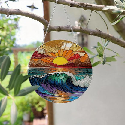 Ocean Waves Suncatcher for Windows Hanging, Coastal Sunset Sunshine Sun Catchers Indoor Window Door Decoration, Round Wall Hanging Decor, Beach House Decor, Home Decors, Housewarming Gift