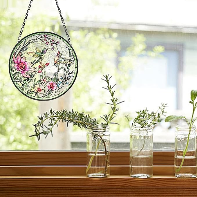Remiawy Stained Glass Window Hanging Hummingbird Window Suncatcher 8 Inch Glass Panel with Metal Chain and Hooks Sun Catchers Indoor Wall Art Home Decor Gift for Bird Lovers Women Mother's Day