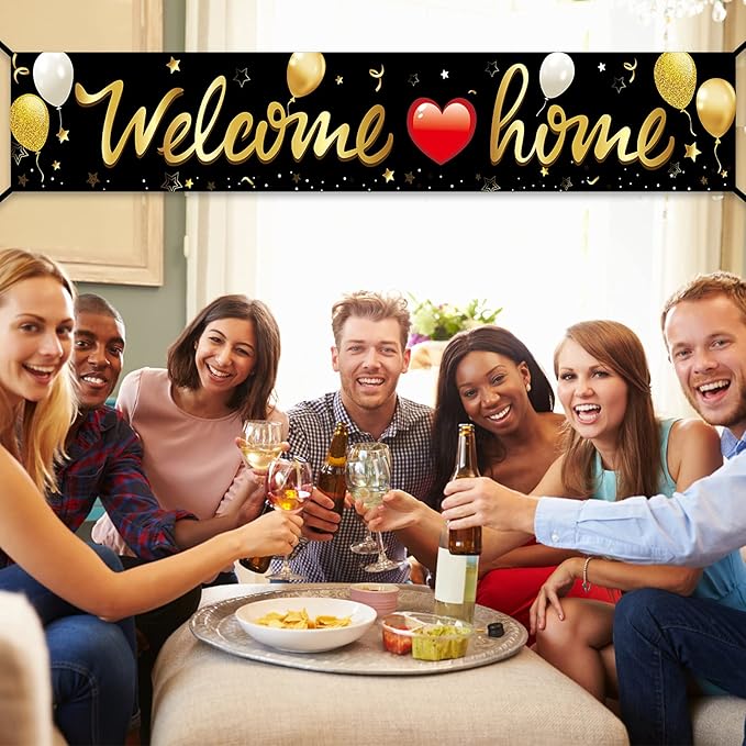 Welcome Home Banner Decoration, Black Gold Welcome Back Home Yard Sign for Outdoor Decor, Military Homecoming Deployment Returning Party Supplies