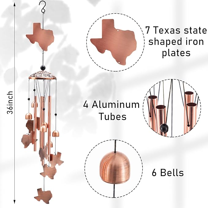 Yuntau Texas Decor Wind Chimes Texas Gifts Souvenirs 36" Outdoor State Map Memorial Wind Chimes with 4 Aluminum Tubes for Garden Hanging Patio Decor