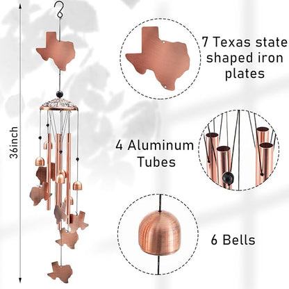 Yuntau Texas Decor Wind Chimes Texas Gifts Souvenirs 36" Outdoor State Map Memorial Wind Chimes with 4 Aluminum Tubes for Garden Hanging Patio Decor
