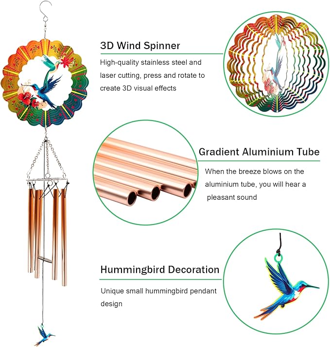 Wind Chimes with Hummingbird Wind Spinner, Gifts for Mothers Day Mom Women Grandma Birthday Retirement Teacher, 31" Windchimes Outdoor Decor Hanging Mobile for Garden Porch Patio Backyard