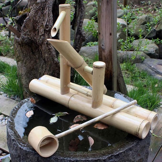 Bamboo Outdoor Garden Water Fountain Decoration, Detached Feng Shui Waterscape with Pump, Pond Waterfall Landscape Kits Handmade for Fish Tank