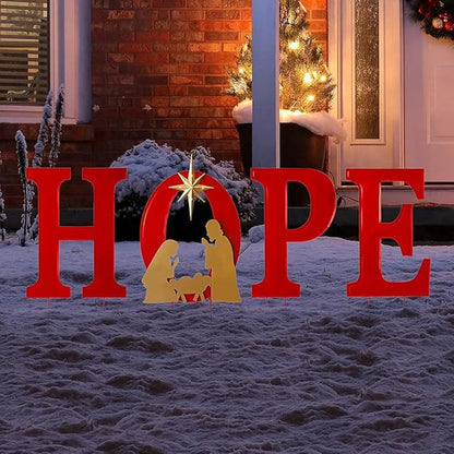 Glitzhome 32" H Lighted Metal Hope Garden Stakes, Christmas Garden Ornaments Yard Stake, Standing Decor or Wall Décor Decorative Sign for Xmas Indoor Outdoor Decorations