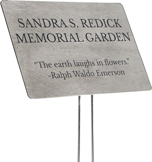 Outdoor Metal Garden Sign, Label, or Memorial. 4 x 2" or 6 x 4" sign with rounded corners and a 10" stake. Materials Include: Stainless Steel, Brass, Copper, Bronze and Titanium. (Titanium, 4 x 6")