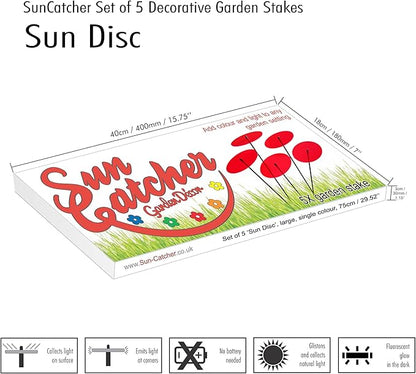 Sun Discs Set of 5 Sun Catcher Garden Decor Large Glowing Ornamental Garden Stakes 75cm, 29.5 inch high Outdoor Yard Gift for Gardeners, Colour:Fluorescent Red