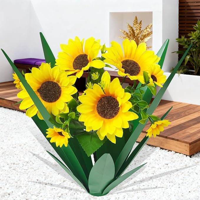 DDQ Metal Agave Plant Outdoor Decor with Artificial Flowers, Mexican Style Garden Sculpture, Waterproof Yard Art for Patio Lawn, Multiple Flower Options (Green Agave + Sunflower/Red/Yellow/Purple)