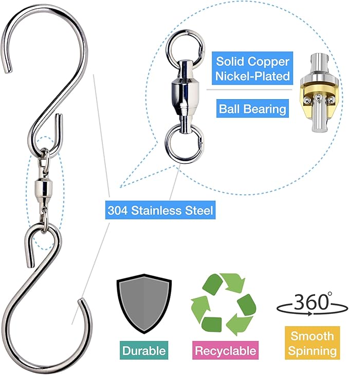 HS's Creation 6 Pack Dual Swivel S Hooks for Indoor Outdoor Organization Spinning Hanger Wind Chimes Spinner Prism Windsocks Hanging Plant Hanging Crystal Ornaments Rainbow Maker Pendant Etc.