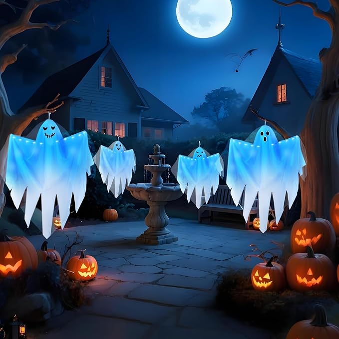 4 Pack Halloween Light up Hanging Ghost Decoration Outdoor, Cute Halloween Decor 31.5" Flying Ghosts with Blue LED Light and Timer for Front Yard Porch Patio Lawn Garden Party Decor Indoor Outdoor