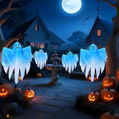 4 Pack Halloween Light up Hanging Ghost Decoration Outdoor, Cute Halloween Decor 31.5" Flying Ghosts with Blue LED Light and Timer for Front Yard Porch Patio Lawn Garden Party Decor Indoor Outdoor