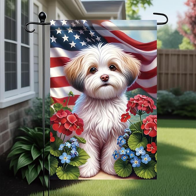 Starlit Patio 4th of July Garden Flag 12x18 Double Sided Maltese Dog Welcome American USA Patriotic Garden Flags for Memorial Day Independence Day Outdoor Decor Outside Decoration Yard Flag