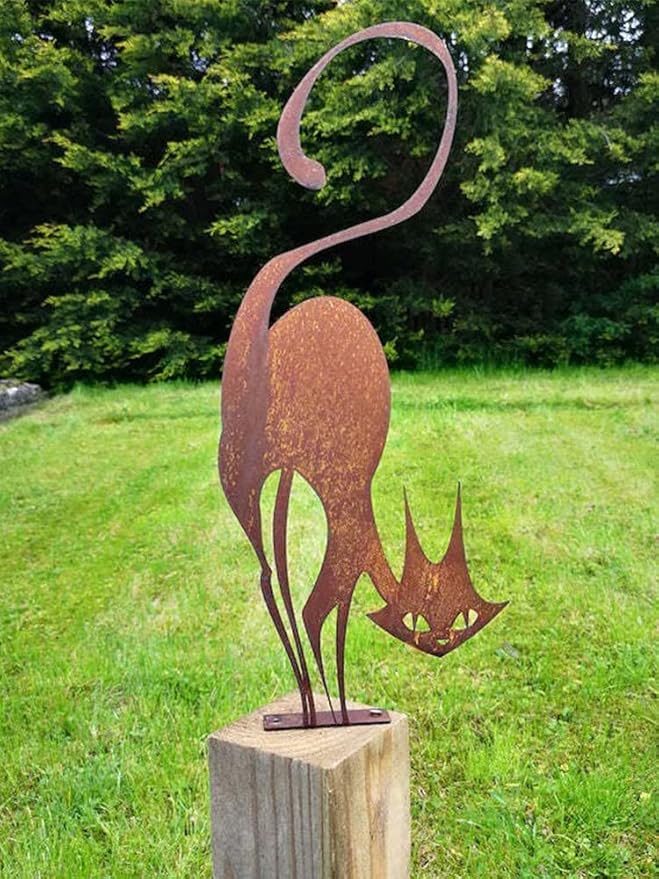 Retro Rust Metal Cat Fence Topper Decor, Outdoor Decor Rust Cat Iron Branch Art Craft Yard Garden Ornament Fence Topper, Cute Metal Craft Animal Garden Silhouettes(Size:15.75 x 6.69inch)